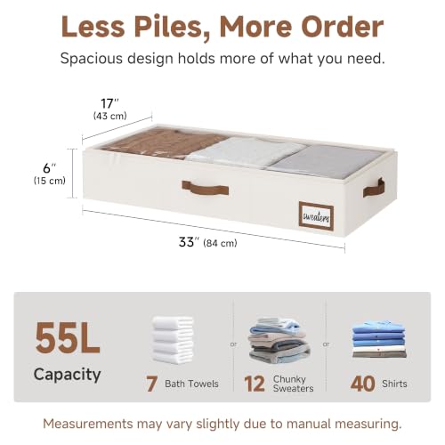 Under Bed Storage Containers with Clear Lid - Ivory White, 33 x 17 x 6 Inches