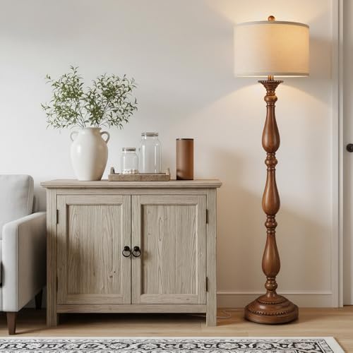 PARTPHONER Vintage Wood Grain Floor Lamp with Linen Shade, Rustic Farmhouse Standing Light for Living Room & Bedroom