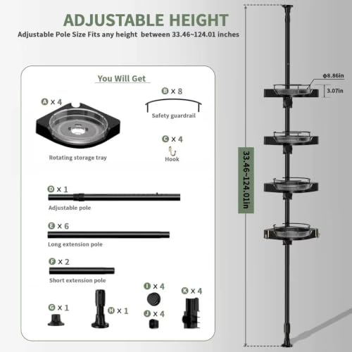Black 4-Tier Rotating Tension Pole Shower Organizer - Adjustable Bathroom & Kitchen Caddy