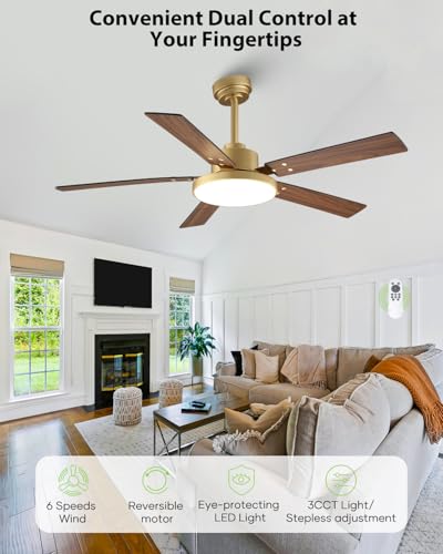 52 Inch Gold Ceiling Fan with Lights and Remote - Modern Sleek Design