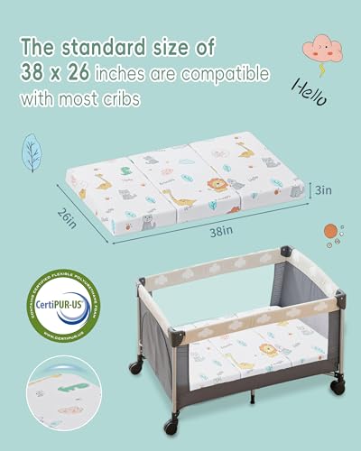 VRSHOAT 38x26x3 Inch Trifold Pack and Play Mattress for Baby Toddler, Waterproof & Breathable