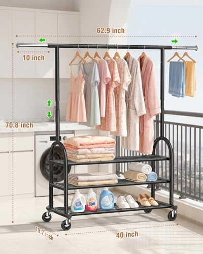 Heavy Duty Rolling Clothes Rack with 3 Shelves Black - Adjustable & Portable