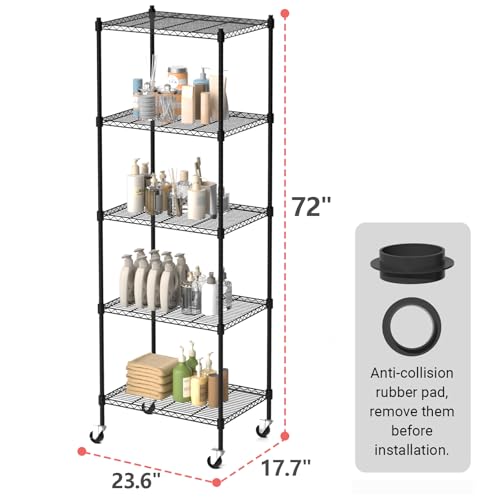 Black 5-Tier Heavy Duty Metal Storage Shelves with Wheels - Adjustable Garage & Kitchen Organizer