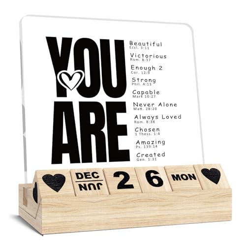 Christian Gifts for Women, Thank You Gifts for Coworker Female, Wooden Block Calendar for Desk, You Are Beautiful Desk Sign, Inspirational Acrylic Plaque, Catholic Office Accessories