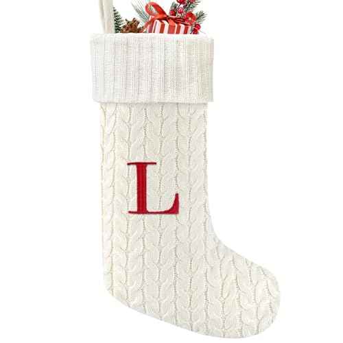 21 Inches Knitted Christmas Stockings with Initials, Large White Custom Monogram Embroidery Christmas Stockings with Letter, Personalized Xmas Decoration for Holiday Family Party-L