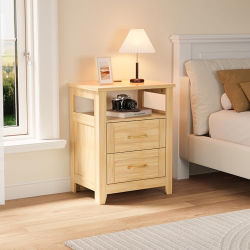 Decofy Farmhouse Oak 2-Drawer Nightstand Set of 2 with Charging Station
