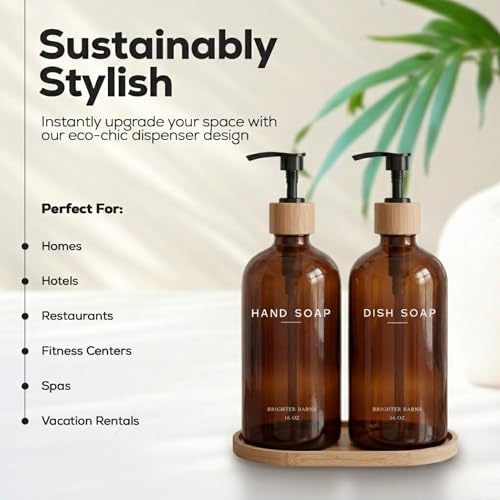 Amber Glass Hand and Dish Soap Dispenser Set with Bamboo Pump and Tray - Modern Kitchen Decor - Variation of Amber Hd