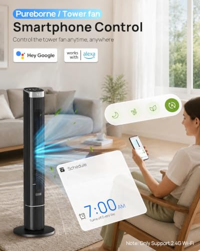 42-Inch Tower Fan for Home with WiFi, Ultra-Quiet 25dB, Black - Smart Remote Control