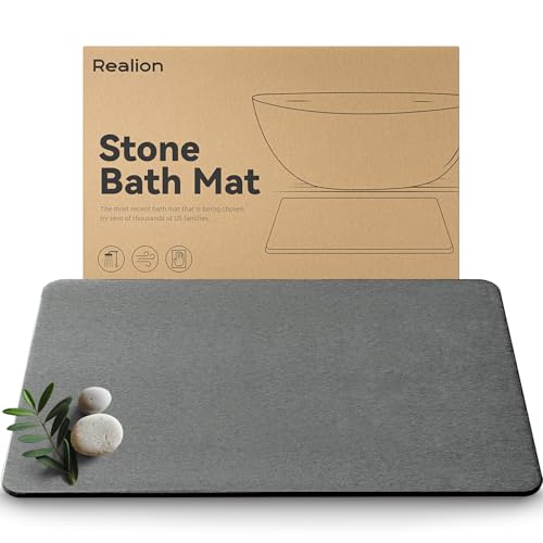 Realion Dark Gray Stone Bath Mat - Quick-Drying Non-Slip Diatomaceous Earth Bathroom Rug 23.5"x15.5"