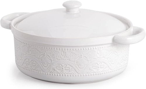Fun Elements Casserole Dish - 2 Quart Lace Embossed Ceramic with Lid | Oven-to-Table Serving for Holidays
