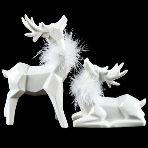 Ceramic Christmas Reindeer Figurines Set - White Deer Decor for Winter Holiday Tabletop