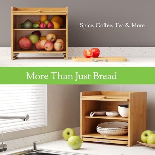 Natural Bamboo Bread Box with Double Layer & Cutting Board - Kitchen Storage