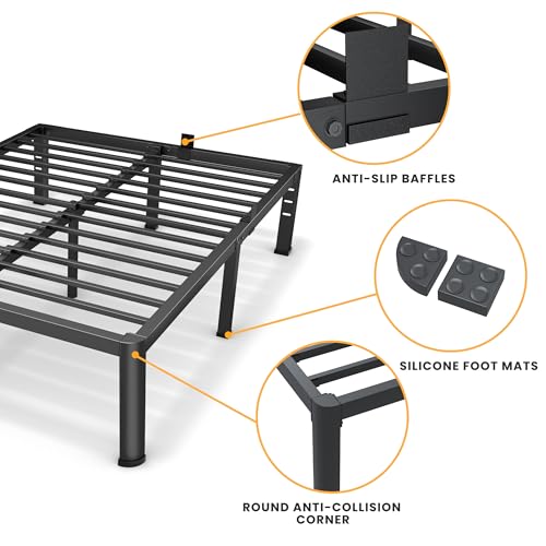 16 Inch Queen Size Metal Platform Bed Frame with Round Corners and Support Legs