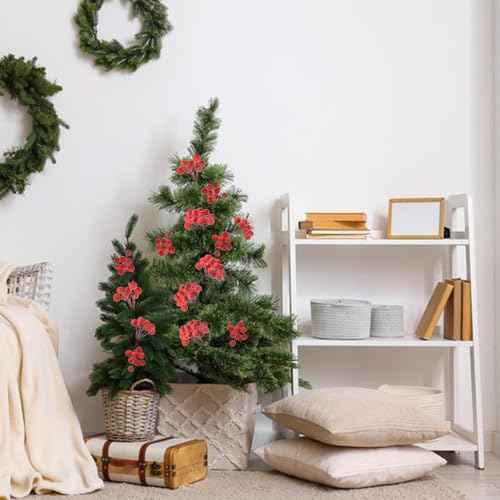 200PCS Artificial Holly Berries Wired Stems Artificial Flowers 12MM Frosted Fake Berries, Red