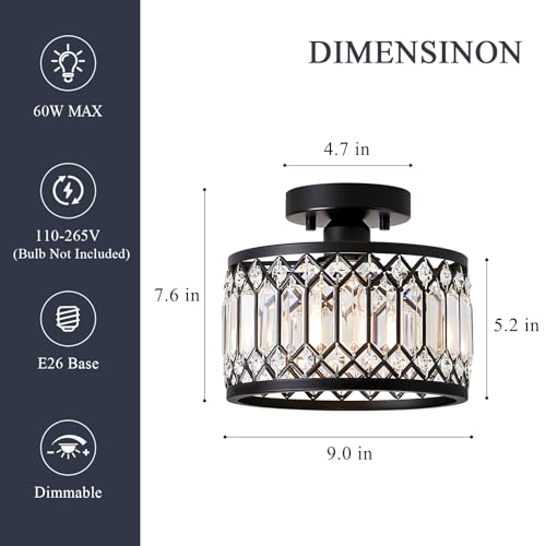 Pevfah Black Crystal Ceiling Light - 9 Inch Semi Flush Fixture for Small Spaces