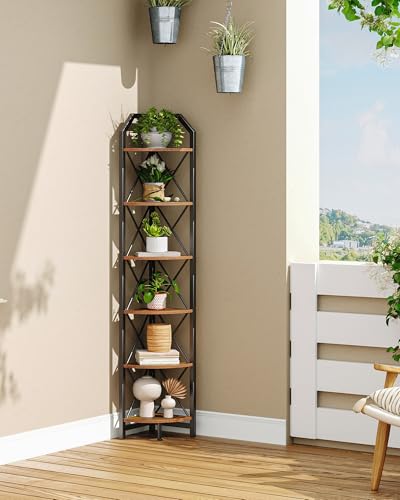 Corner Shelf 6-Tier Industrial Corner Bookshelf - Rustic Brown & Black, 71.2"