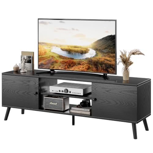 Black TV Stand for 55-60 Inch TVs Modern Mid Century Media Console with Storage - 18.9W x 53.5L x 15.7H