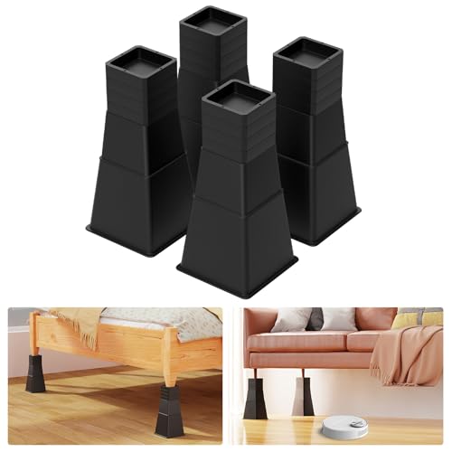 VANITURE 12-Inch Heavy Duty Adjustable Bed Risers Set of 4, Black, Supports up to 1500 lbs