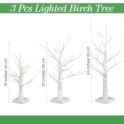 VIHOSE 3 Pcs Lighted Birch Tree Indoor Decor Set White Variation - 18/20/24 in