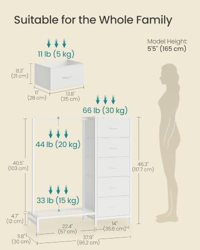 SONGMICS Cloud White Dresser with Hanging Rod & 5 Fabric Drawers, Adjustable Storage