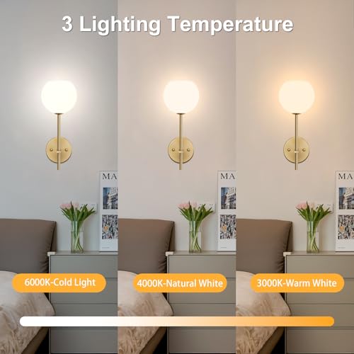 Gold Battery Operated Wall Sconces Set of 2, Rechargeable Wireless