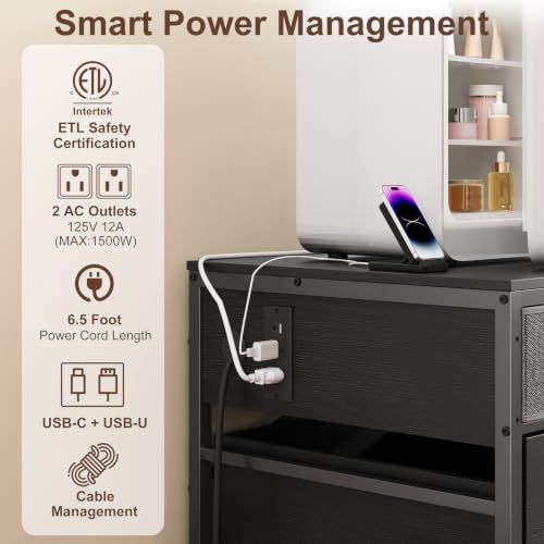 MAJALiS Mini Fridge Riser Stand Table with Storage & Power Outlet, Black