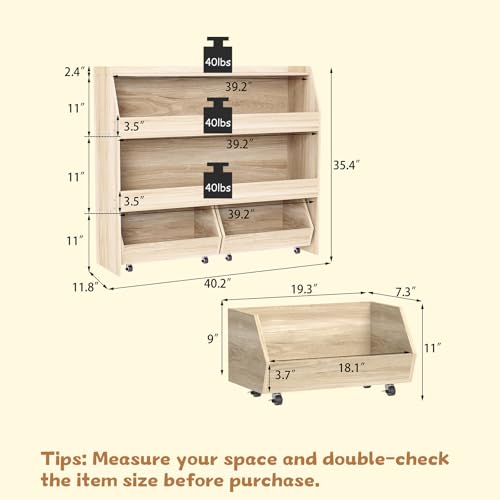 Medium Toy Storage Organizer with 3 Shelves and Rolling Bins - Wood