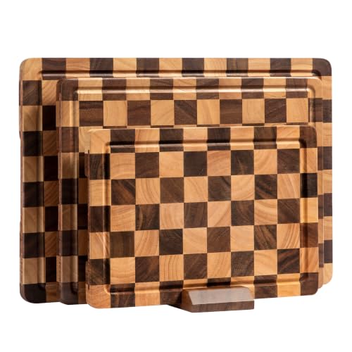 Checkered Walnut Cutting Board Set - 3 Piece Kitchen Prep & Serving Set 17"L x 12"W - Includes Storage Stand