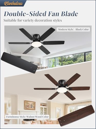 Fanbulous 52 Inch Black Flush Mount Ceiling Fan with Light, Remote & App Control