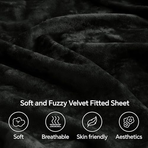 BEDELITE Velvet Fitted Sheet & Pillowcase Set Queen Black - Ultra-Soft, Luxurious Bedding