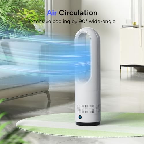 Faryuan 22-Inch White Bladeless Tower Fan with Remote, 8 Speeds, 80° Oscillation, 9H Timer, Quiet Portable Cooling for Indoor Use
