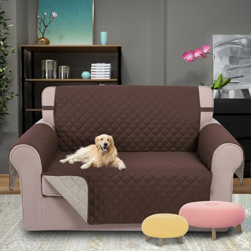U-NICE HOME Loveseat Sofa Cover for 54 Inch Couch - Reversible Quilted Beige Coffee Cover with Non-Slip Straps
