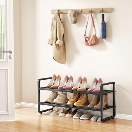 Black SAYZH Expandable Shoe Rack 2-Tier Closet Organizer with Mesh Shelves