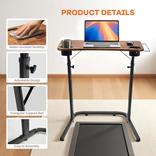HOMELYM Brown Adjustable Treadmill Desk for Standing and Sitting - Small Standing Desk with Cup Holders & Towel Rack