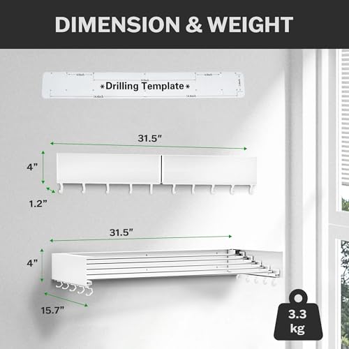 White Foldable Wall-Mounted Clothes Drying Rack - 13.2 Ft, Supports 60 lbs