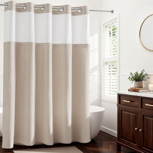 River Dream Linen Textured Shower Curtain with Liner 71x74 Inches, No Hooks, Mesh Top Window Variation