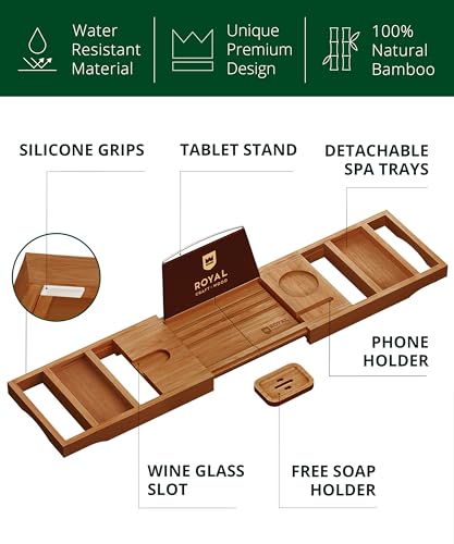 Brown Expandable Wooden Bathtub Caddy with Book & Wine Glass Holders