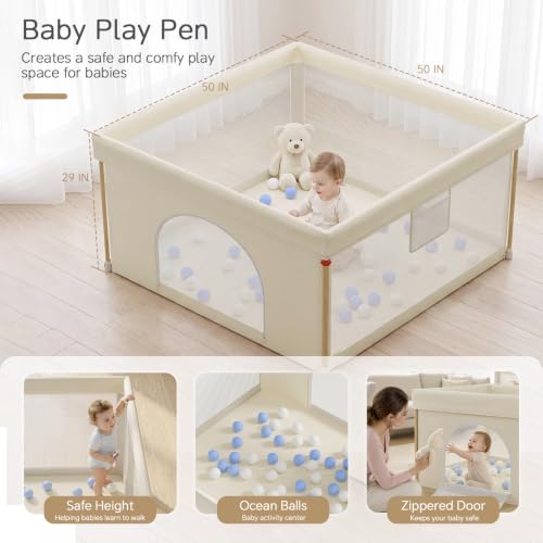 Beige Foldable Baby Playpen 50x50 Inches with Mesh Sides & Balls