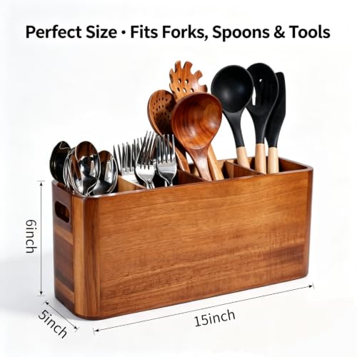 Acacia Wooden Kitchen Utensil Holder Organizer - Large 4-Compartment Rustic Countertop Storage - Extra Large