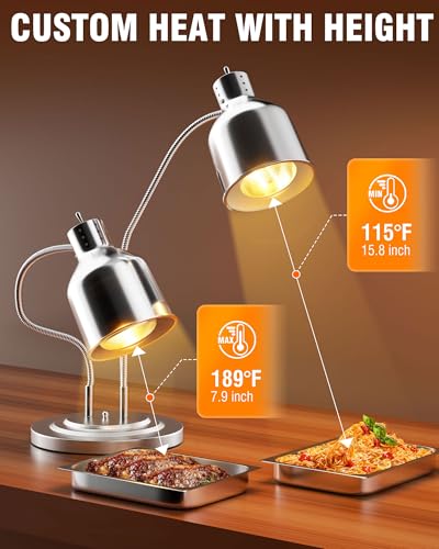 Food Heat Lamp Polished Silver 2-Head 500W Restaurant Food Warmer with 2 Bulbs