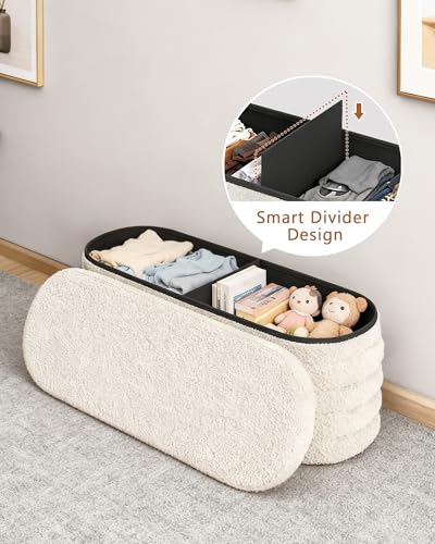 43-Inch White Sherpa Storage Ottoman Bench, Modern Footrest & Seat