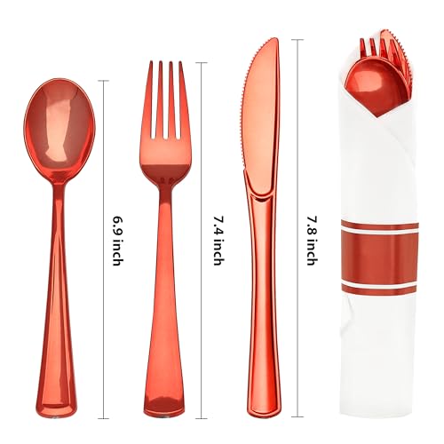 50PC Red Pre-Rolled Plastic Cutlery Set with Napkins (Forks, Knives, Spoons) - Wrapped