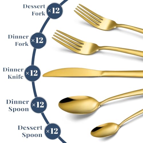 Hunnycook Gold 60-Piece Stainless Steel Silverware Set for 12 - Dishwasher Safe Kitchen Utensil Set