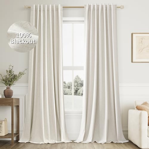 Cream Linen Blackout Curtains 96 Inch Length - Pack of 2, 52" x 96" - Thermal Insulated Room Darkening Drapes for Living Room & Bedroom