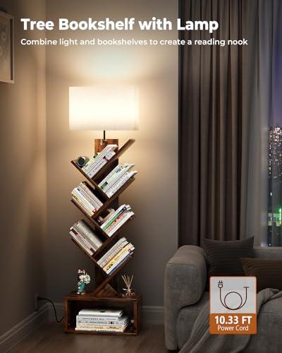 Evermagin Rustic Brown 6-Tier Tree Bookshelf with Adjustable Light, Bookcase, Space-Saving Design
