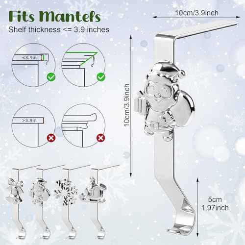 Christmas Stocking Holders, 4 Pack Xmas Stocking Holders Hangers for Mantel Fireplace Metal Stocking Hooks Stand for Christmas Party Decoration, Silver