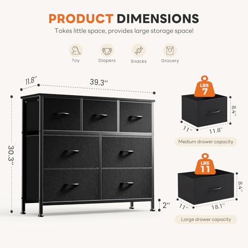 Black 7-Drawer Fabric Dresser with Bins - Space-Saving Bedroom Storage, 39.4 x 11.8 x 30 inches