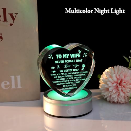 To My Wife Heart Crystal Lamp — Romantic Keepsake Gift from Husband, 6-Color LED Night Light (Wife)