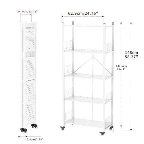 White 5-Tier Folding Storage Shelves with Wheels - No Assembly Needed