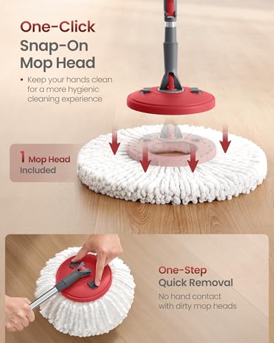 SONGMICS Spin Mop and Bucket Set with Pedal Wringer, 3 Microfiber Pads, Gray + Red